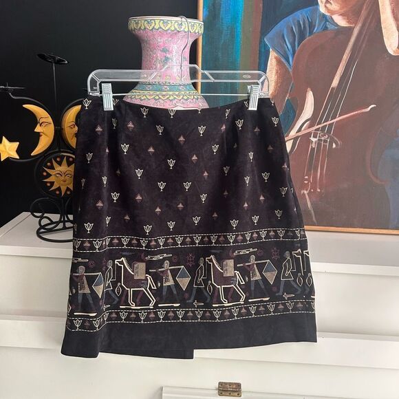 Vintage Wearever Black Patterned Mini A-Line Skirt XL - Picture 1 of 14